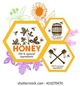 Set of honey labels and design elements.