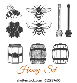 Set of honey labels and design elements.