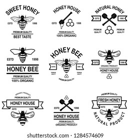 Set of honey labels template. Bee icons. Design element for logo, label, emblem, sign, poster. Vector illustration