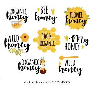 Set of honey labels with text isolated on white beackground. Vector illustration