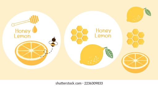 Conjunto de logotipo de limón de miel con fruta de limón, dibujos animados de abejas y señalización de abejas con miel de abeja ilustración vectorial.