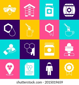 Set Honey medal, Beekeeper with protect hat, dipper stick honey, Jar of, Honeycomb,  and  icon. Vector