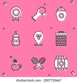 Set Honey medal, Honeycomb and hand, Jar of honey, bee location, dipper stick with and  icon. Vector
