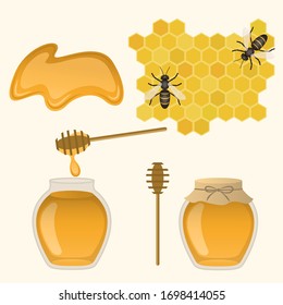 A set of honey. An open jar with honey and a spoon, a closed jar, bees, honeycombs. A sweet and healthy product.