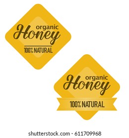 Set of Honey organic product hundred percent natural brown and yellow badges stickers rhombus shape vectors
