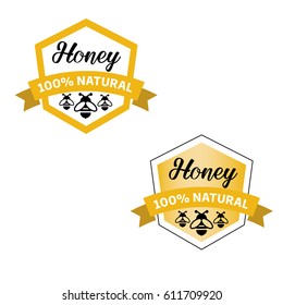 Set of Honey product hundred percent natural black and yellow badges stickers vectors with bees