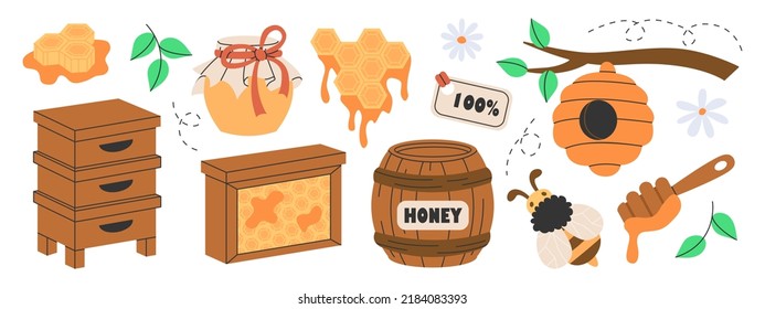 Set of honey production, beekeeping or apiculture attributes. Wooden beehive, hexagon honeycombs, bee, honey in glass jar, barrel, flowers, spoon, bee hive on tree. Organic natural sweets from apiary.