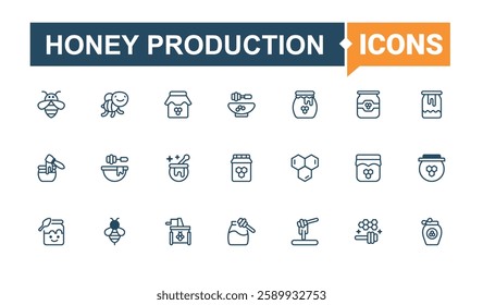 Set of Honey Production line icons. It contains symbols to comb, wax, hive, sweet, honey, production, apiarist, pot. Simple line vector. Line editable stroke. Vector line and solid icons.