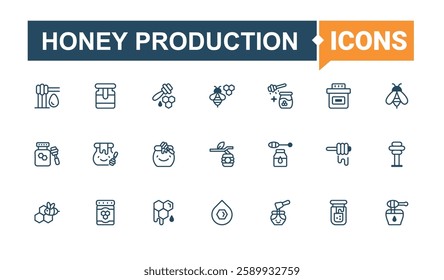 Set of Honey Production line icons. It contains symbols to comb, wax, hive, sweet, honey, production, apiarist, pot. Simple line vector. Line editable stroke. Vector line and solid icons.