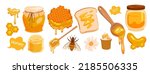 Set of honey products. Jar of honey, bee insect, honey dipper, honeycomb, natural organic product, healthy sweet food, sugar dessert, melting honey on bread vector illustration