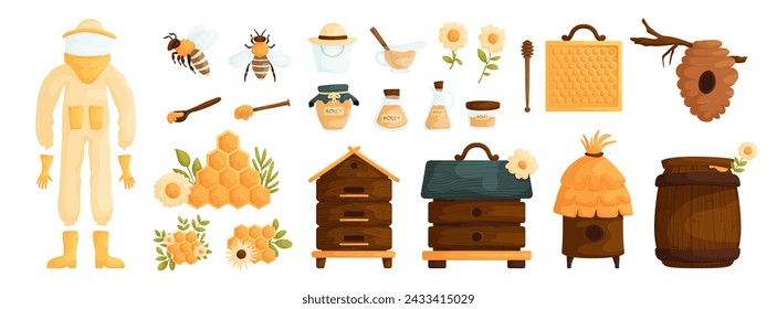 Set of honey products. Jar, bee insect, ladle, honeycomb, flowers, beehive and barrel. Honey and apiary production or equipment. Natural organic product, healthy sweet food, sugar dessert.