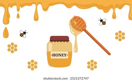 Conjunto de productos de miel. Tarro de miel, cucharas de miel, cucharón, abejas, panal, producto orgánico natural, comida dulce saludable, postre de azúcar, Ilustración vectorial de miel derretida