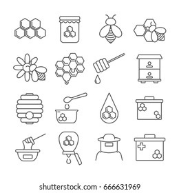 Set of honey Related Vector Line Icons. Contains such icon as bee, honeycomb, bee swarm, beekeeper, sweets, nectar