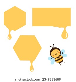 Conjunto de signos de miel con gotas de miel y dibujos de abejas aislados en ilustración vectorial de fondo blanco.