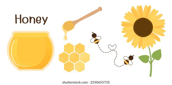 Set of honey signs with hexagon grid cells, honey stick, drop, bee cartoon and sunflower isolated on white background vector.