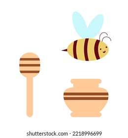 Set of honey stick, bee, honey pot