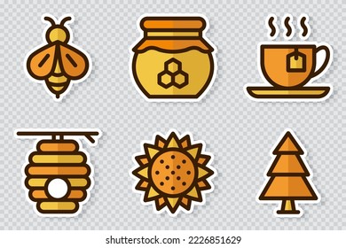 Set of honey theme stickers icons. Set of stickers on bee theme. Simple beekeeping collection theme. Cartoon style. Vector illustration