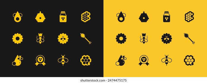 Set Honeycomb, award, Bee flower, Queen bee, Jar of honey,  and Hive for bees icon. Vector