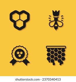 Set Honeycomb, award and Queen bee icon with long shadow. Vector