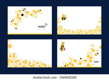 Set Honeycomb Background Pattern Orange Color. Corner Border Of Geometric Hexagons With Cute Bee. Simple Backdrop Texture With White Space For Text. Vector Illustration.  