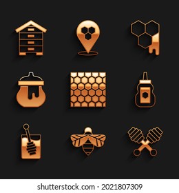 Set Honeycomb, Bee, dipper stick, Jar of honey,  and Hive for bees icon. Vector