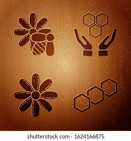 Set Honeycomb, Bee and flower, Flower and Honeycomb and hands on wooden background. Vector