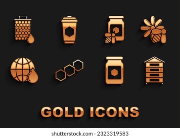 Set Honeycomb, Bee and flower, Hive for bees, Jar of honey, map the world, with,  and Cup tea icon. Vector