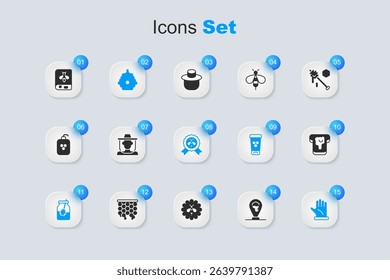 Set Honeycomb bee location, Beekeeper with protect hat, Hive for bees, Jar of honey and dipper stick, glove, Bread, Book about and Best icon. Vector