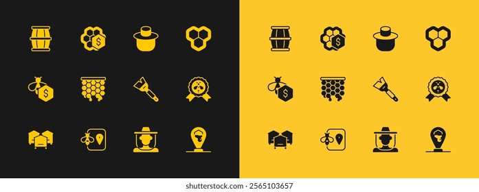 Set Honeycomb, Bee location, Beekeeping brush, Beekeeper with protect hat, Wooden barrel honey and Sale of honeycomb icon. Vector