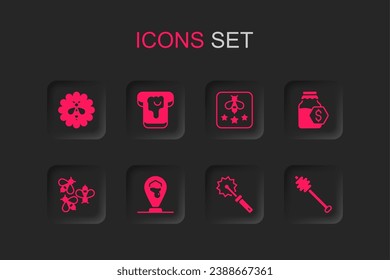 Set Honeycomb bee location, Bread with honey, Bee flower, Cutter roll for, Sale in jar of, dipper stick, Type and Bees icon. Vector