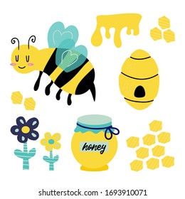 set with honeycomb, bee, wasp, beehive, honey, flowers. Vector illustration cartoon flat icon isolated on white. for your design