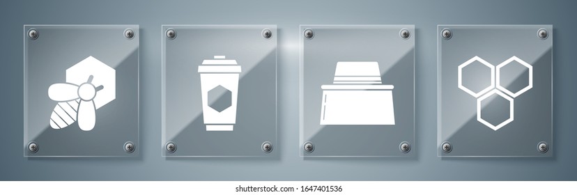 Set Honeycomb, Beekeeper with protect hat, Cup of tea with honey and Bee and honeycomb. Square glass panels. Vector