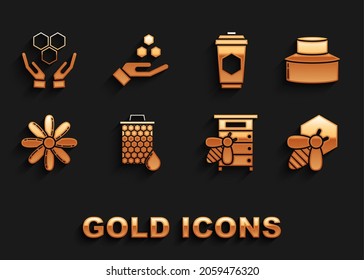 Set Honeycomb, Beekeeper with protect hat, and honeycomb, Hive for bees, Flower, Cup of tea, hands and  icon. Vector