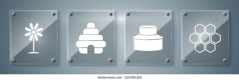 Set Honeycomb, Beekeeper with protect hat, Hive for bees and Flower. Square glass panels. Vector