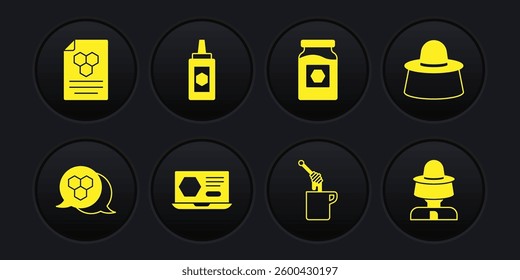 Set Honeycomb, Beekeeper with protect hat, online service, dipper stick honey, Jar of,  and  icon. Vector