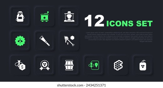 Set Honeycomb, Cosmetic tube with honey, Beekeeping knife, location, flower, award, extractor and Wooden barrel icon. Vector