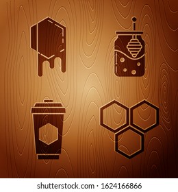 Set Honeycomb, Honeycomb, Cup of tea with honey and Jar of honey and honey dipper stick on wooden background. Vector