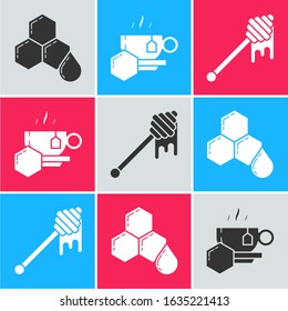 Set Honeycomb, Cup of tea with honey and Honey dipper stick with dripping honey icon. Vector