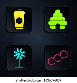 Set Honeycomb, Cup of tea with honey, Flower and Hive for bees. Black square button. Vector