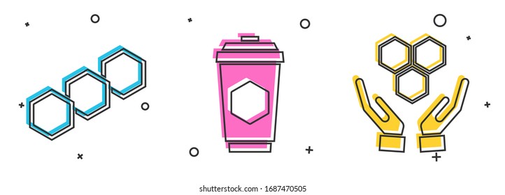 Set Honeycomb, Cup of tea with honey and Honeycomb and hands icon. Vector