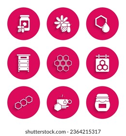 Set Honeycomb, Cup of tea with honey, Jar, Hanging sign honeycomb, Hive for bees,  and  icon. Vector