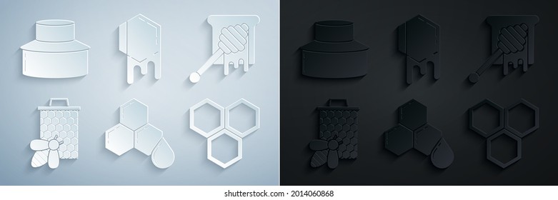 Set Honeycomb, dipper stick with dripping honey, Bee and honeycomb,  and Beekeeper protect hat icon. Vector