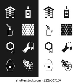 Set Honeycomb, dipper stick with honey, Hive for bees, Jar of, and hand, and icon. Vector