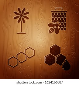 Set Honeycomb, Flower, Honeycomb and Bee and honeycomb on wooden background. Vector