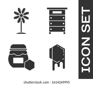 Set Honeycomb, Flower, Jar of honey and Hive for bees icon. Vector