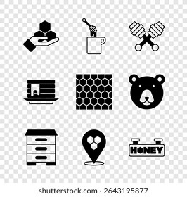 Set Honeycomb and hand, dipper stick with honey, Hive for bees, location, Hanging sign honeycomb, Stack of pancakes and  icon. Vector