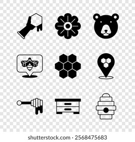 Set Honeycomb and hand, Flower, Bear head, dipper stick with honey, Hive for bees, Bee and  icon. Vector