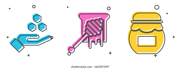 Set Honeycomb and hand, Honey dipper stick with dripping honey and Jar of honey icon. Vector