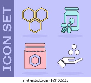 Set Honeycomb and hand, Honeycomb, Jar of honey and Jar of honey with bee icon. Vector