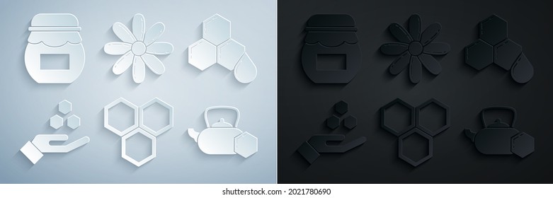 Set Honeycomb, and hand, Tea kettle with honey, Flower and Jar of icon. Vector